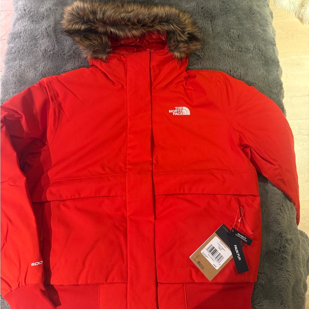 The North Face Red Puffer Jacket with Faux Fur Hood